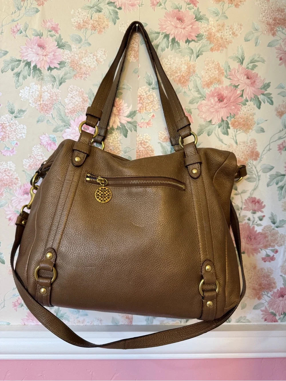 Y2K Brown Leather Shoulder Tote Bag with Gold Hardware